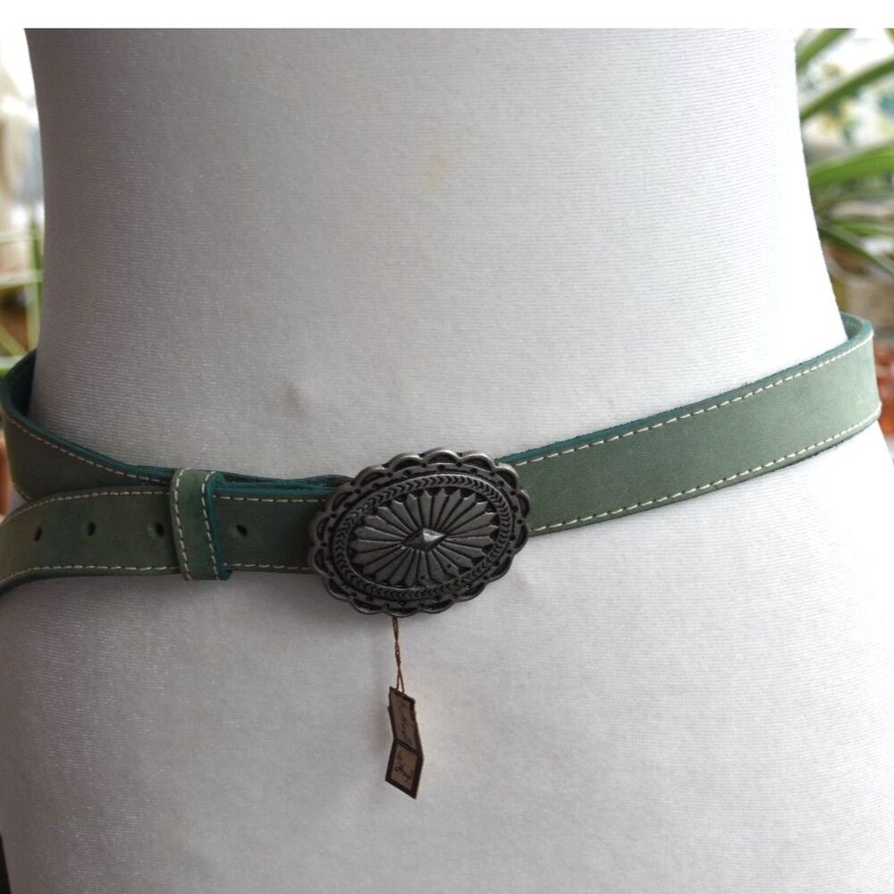 Vintage 70s Hugo Green Leather Belt Silver Concho Buckle USA Women’s M/L 33" NOS